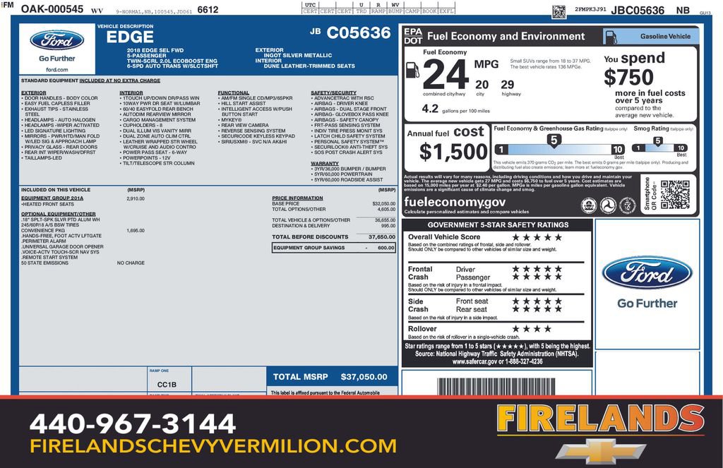 Used 2018 Ford Edge SEL with VIN 2FMPK3J91JBC05636 for sale in Vermilion, OH