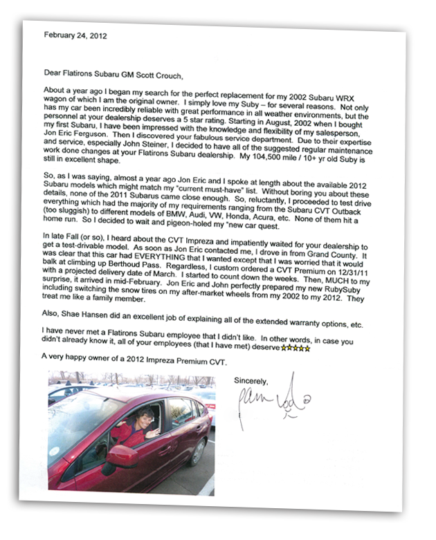 letters from our satisfied customers at flatirons subaru in vehicle words