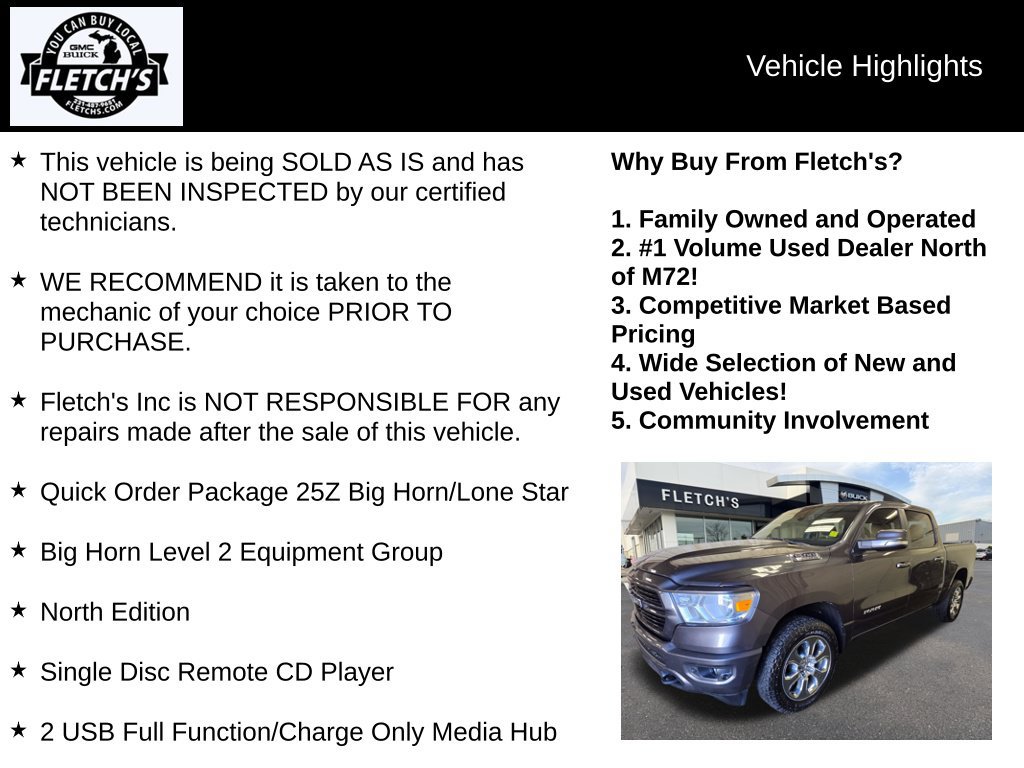 Used 2019 RAM Ram 1500 Pickup Big Horn/Lone Star with VIN 1C6SRFFT0KN658563 for sale in Petoskey, MI