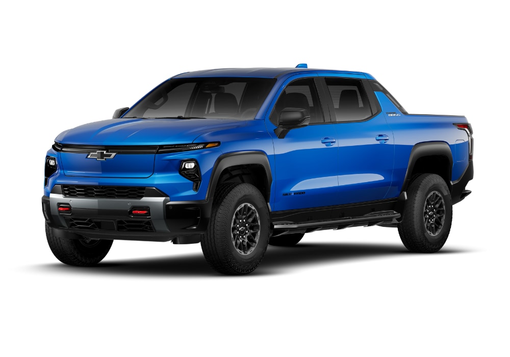 Blue 2025 Chevrolet Silverado EV is front of a white background