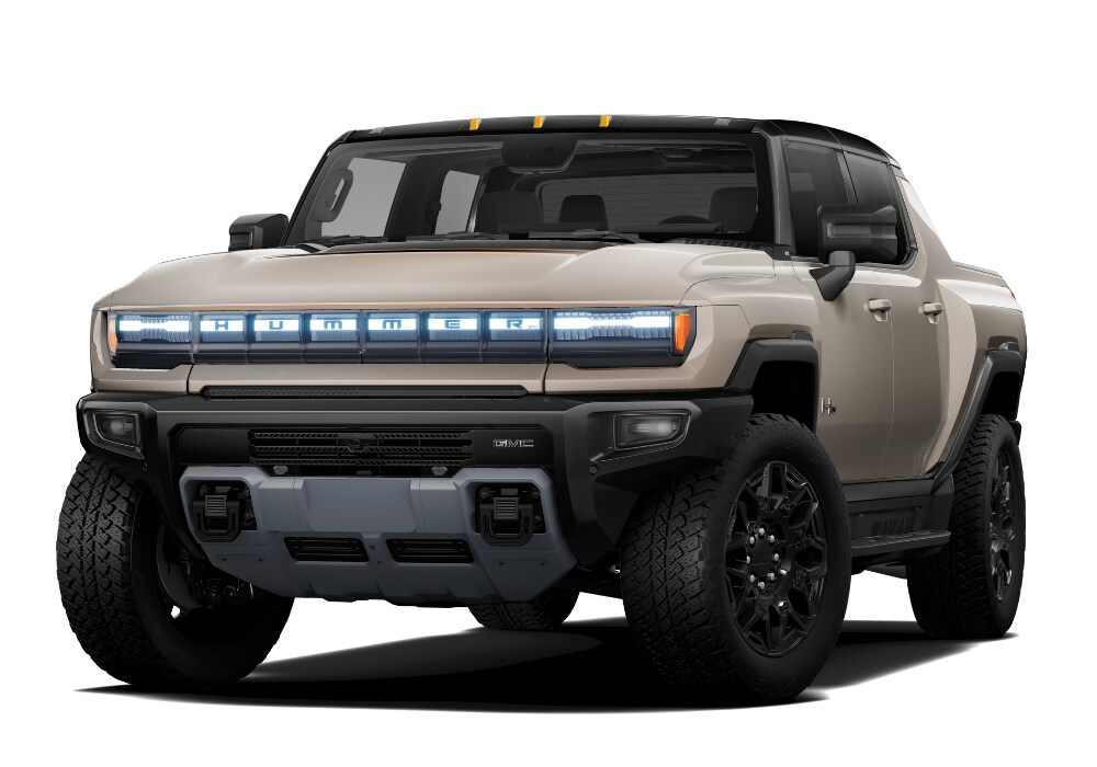 Tan 2025 GMC Hummer EV Pickup truck in front of a white background