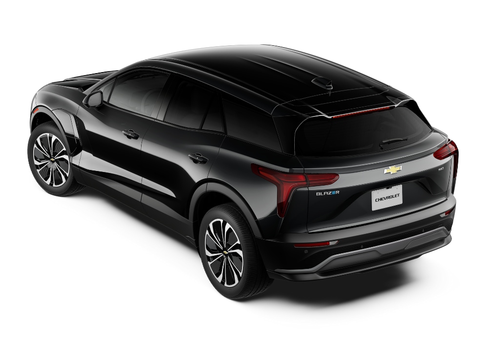 Rear 3/4 of the new Chevrolet Blazer EV SUV in front of a white background
