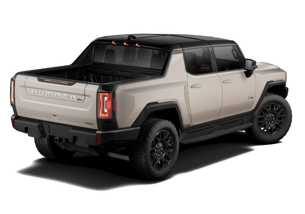 Rear 3/4 view of a new 2025 GMC Hummer EV truck in front of a white background