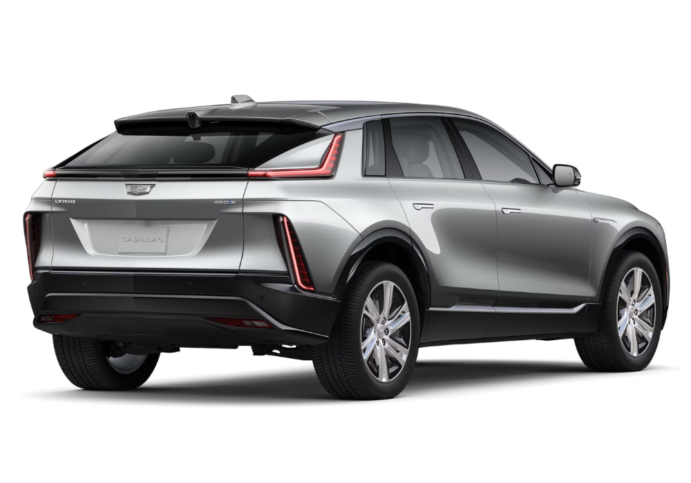 cadillac-lyriq-electric-suv.jpg Stock photo from the back right angle of the all electric 2024 Cadillac Lyriq SUV in the color silver