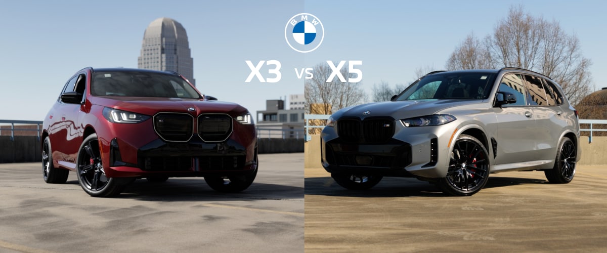 Red BMW X3 shown next to a silver BMW X5. There is a BMW logo and the words X3 vs X5