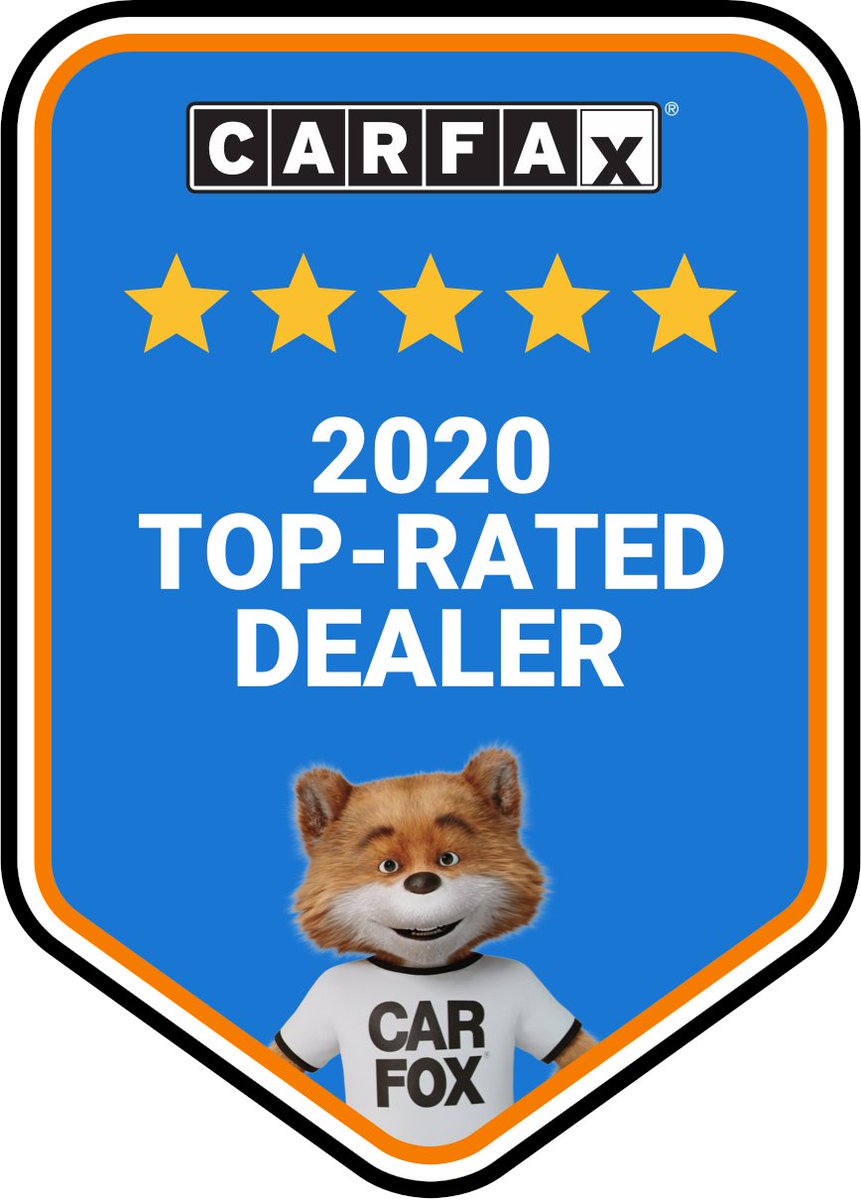 Blue badge that read Carfax 2020 Top Rated Dealer. There are 5 stars and a graphic image of a fox