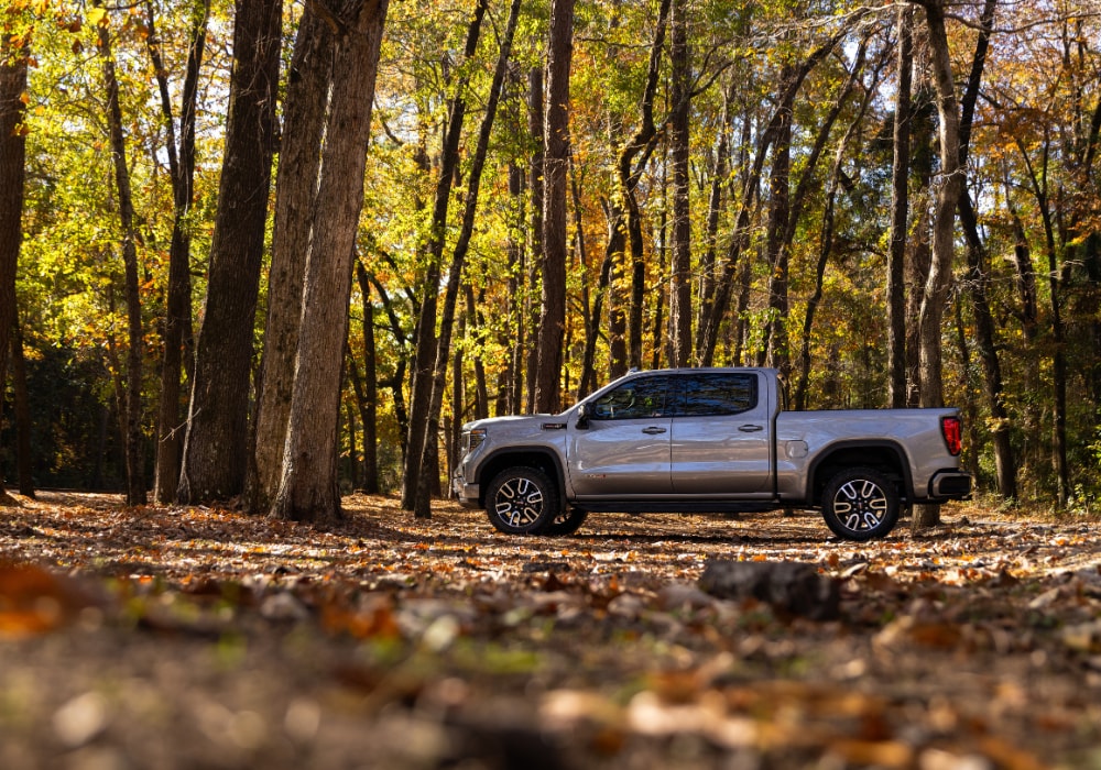 Exterior driver's side photo of the 2025 GMC Sierra pickup truck. The truck is parked in a wooded area