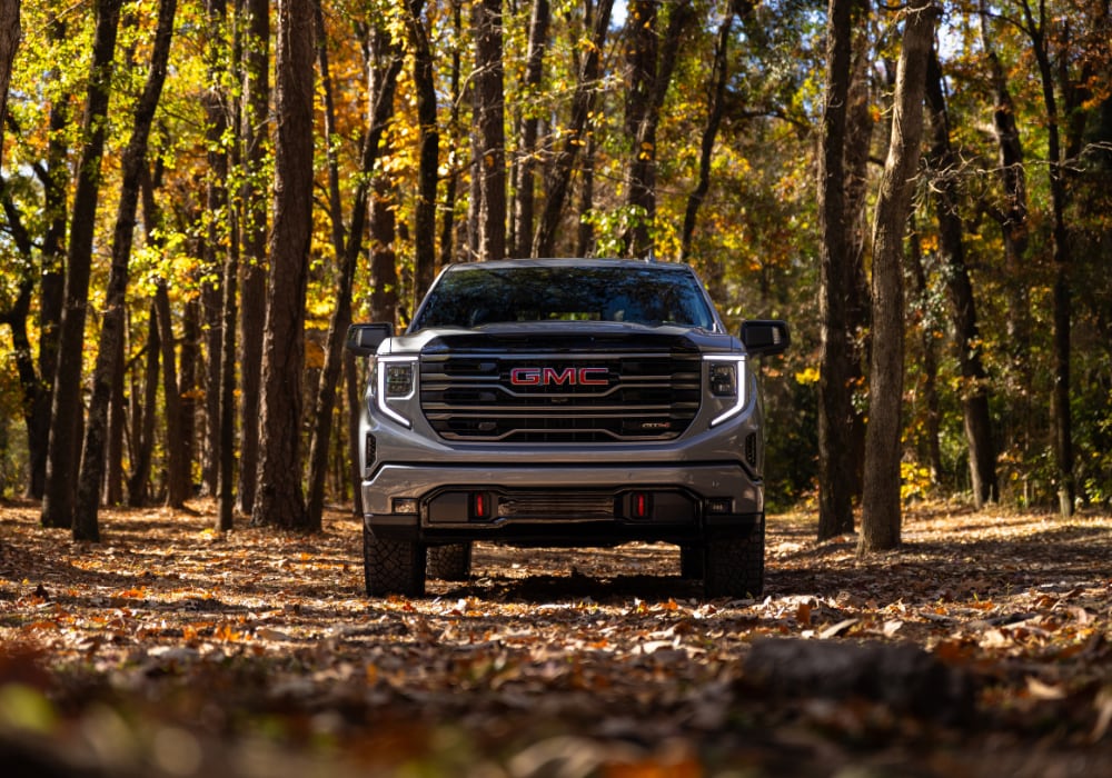 Front view of the 2025 GMC Sierra for sale. The GMC logo is visible on the front grille of the car