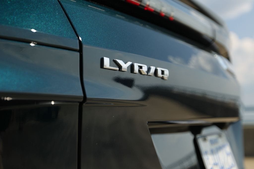 Close up view of the Cadillac Lyriq emblem on back of vehicle