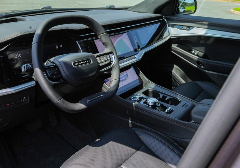 New Jeep Wagoneer S interior, including the steering wheel and infotainment system in the front dash