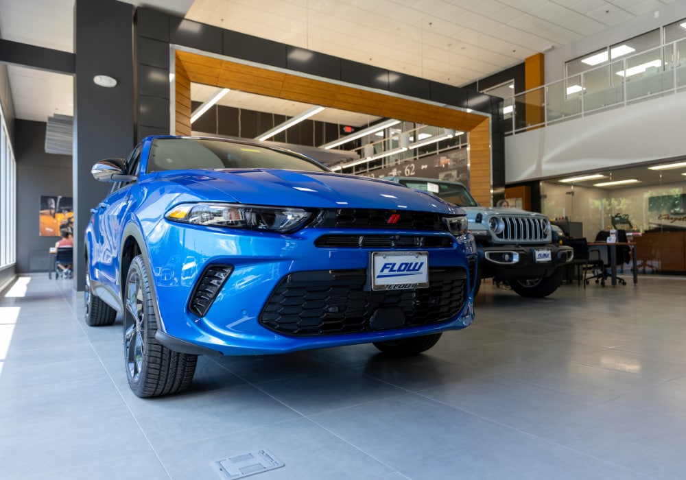 Jeep SUV in the showroom of Flow Chrysler Dodge Jeep Ram of Charlottesville