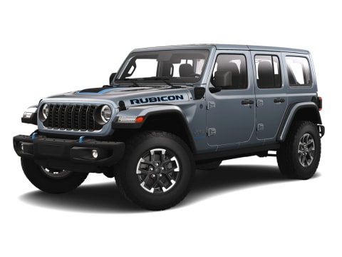 Gray Jeep Wrangler 4xe in front of a white background