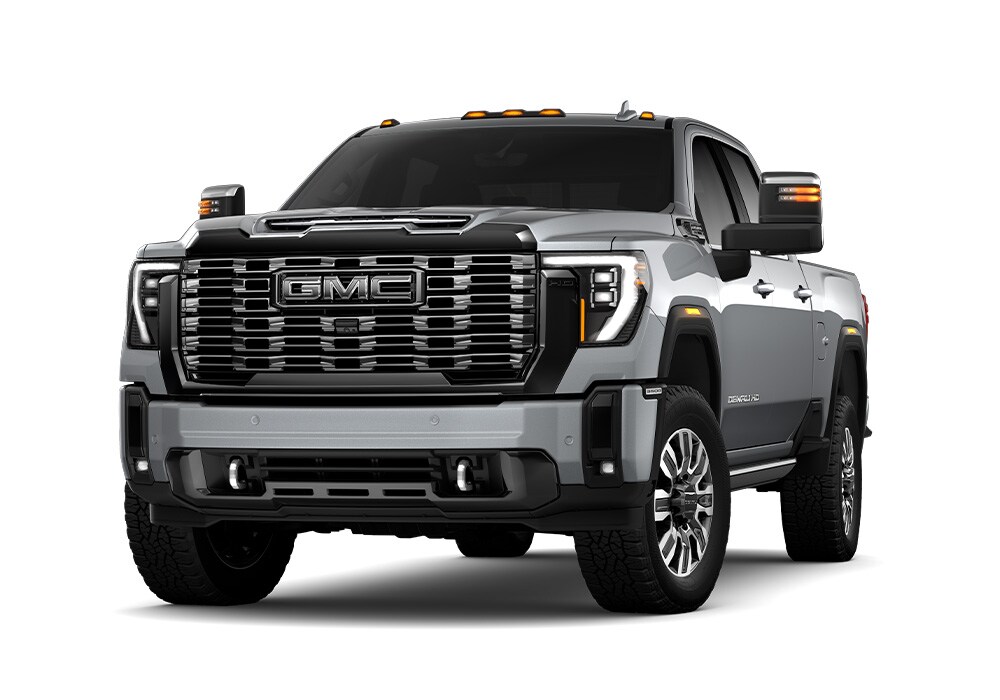 gmc-sierra-3500-hd-for-sale.jpg Front exterior view of a 2025 GMC Sierra HD pickup truck for sale. The truck is gray and the background is white