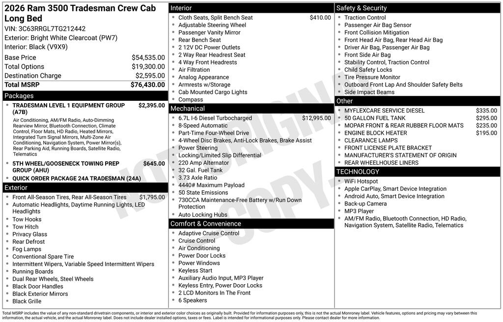 New 2026 Ram 3500 TRADESMAN CREW CAB 4X4 8' BOX Pickup