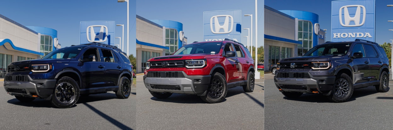 Three Honda Passport models parked next to each other, including the RTL Blackout trim, TrailSport trim, and TrailSport Elite trim