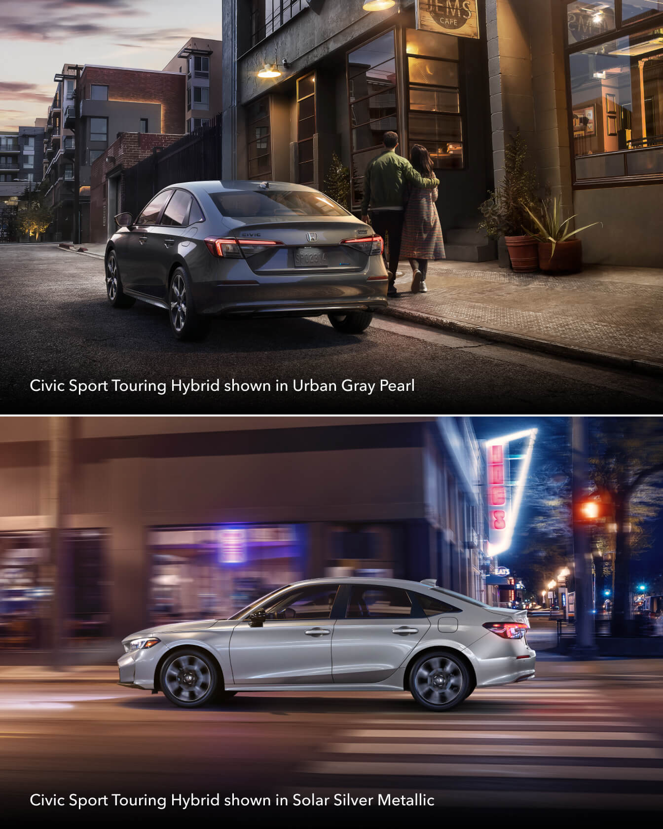 Civic Sport Touring shown in Urban Gray Pearl exterior and Civic Sport Touring Hybrid shown in Solar Silver Metallic
