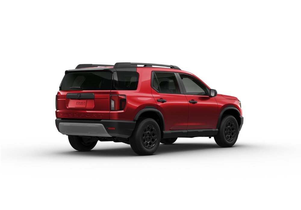 Rear exterior view of a 2026 Honda Passport SUV in front of a white background