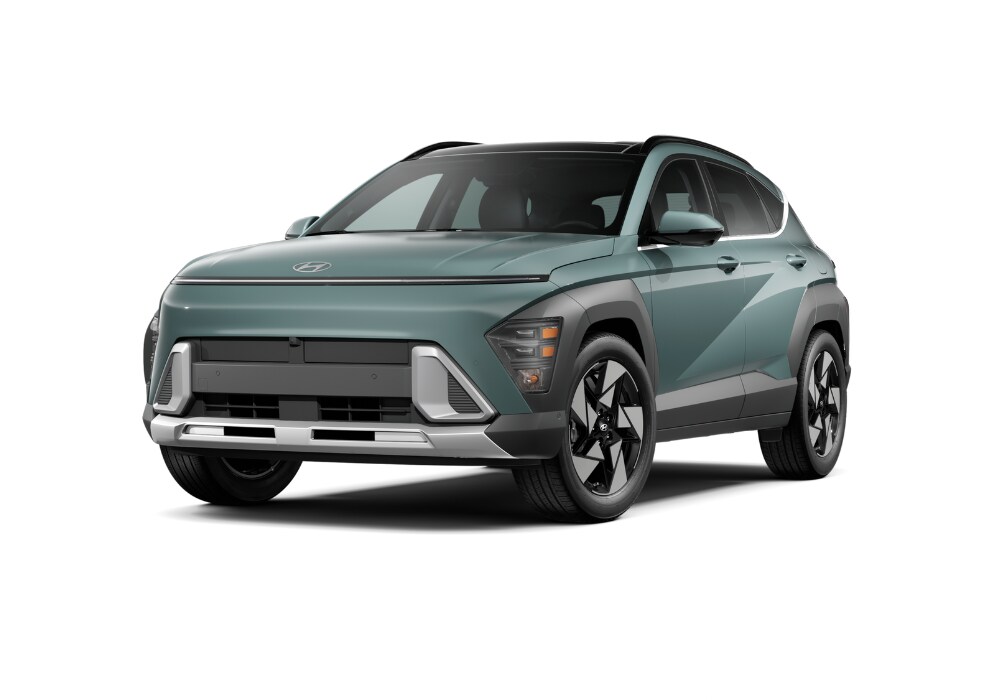 hyundai-kona-for-sale.png Green Hyundai Kona in front of a white background