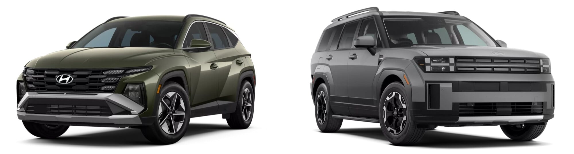 A green 2025 Hyundai Tucson pictured to the left of a gray 2025 Hyundai Santa Fe in front of a white background