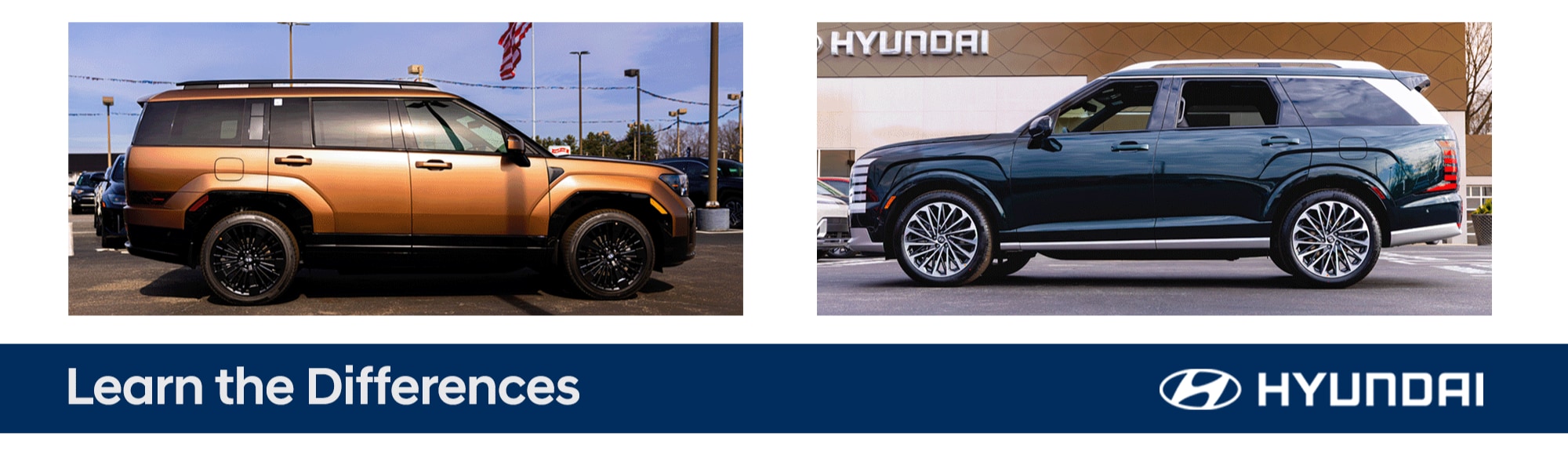 Hyundai Santa Fe and Palisade facing each other, with the words learn the differences below