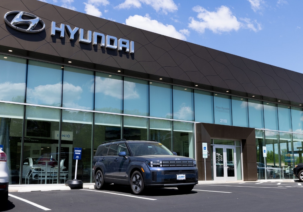 Hyundai SUV parked outside the Flow Hyundai of Charlottesville dealership