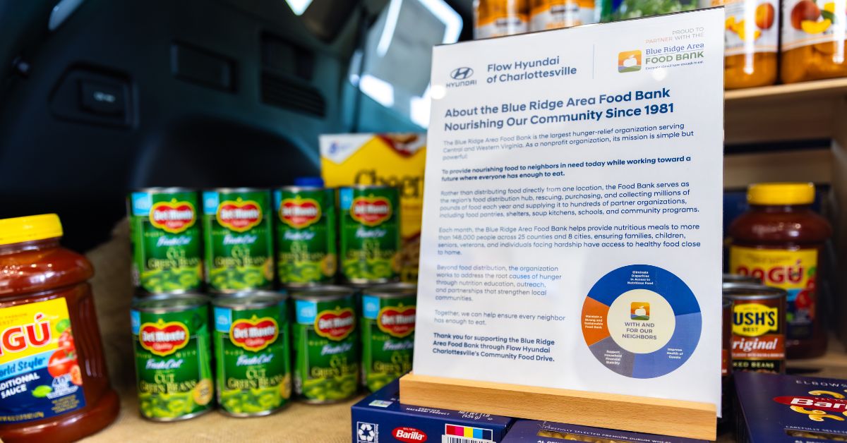 Flow Hyundai of Charlottesville food drive benefitting Blue Ridge Area Food Bank - canned foods fill the trunk of a Hyundai SUV