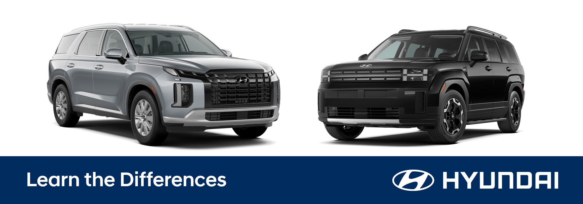 Hyundai Santa Fe and Hyundai Palisade facing each other. Beneath the models, there is text that reads Learn the Differences