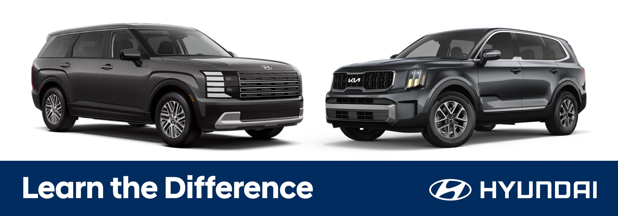 Hyundai Palisade and Kia Telluride facing each other. Beneath the models, there is text that reads Learn the Differences