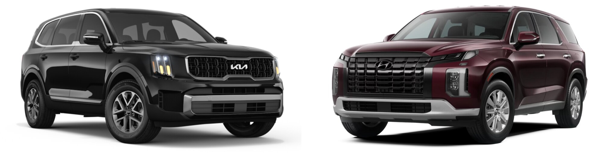 Stock photo of a black 2024 Kia Telluride next to a stock photo of a dark red 2024 Hyundai Palisade