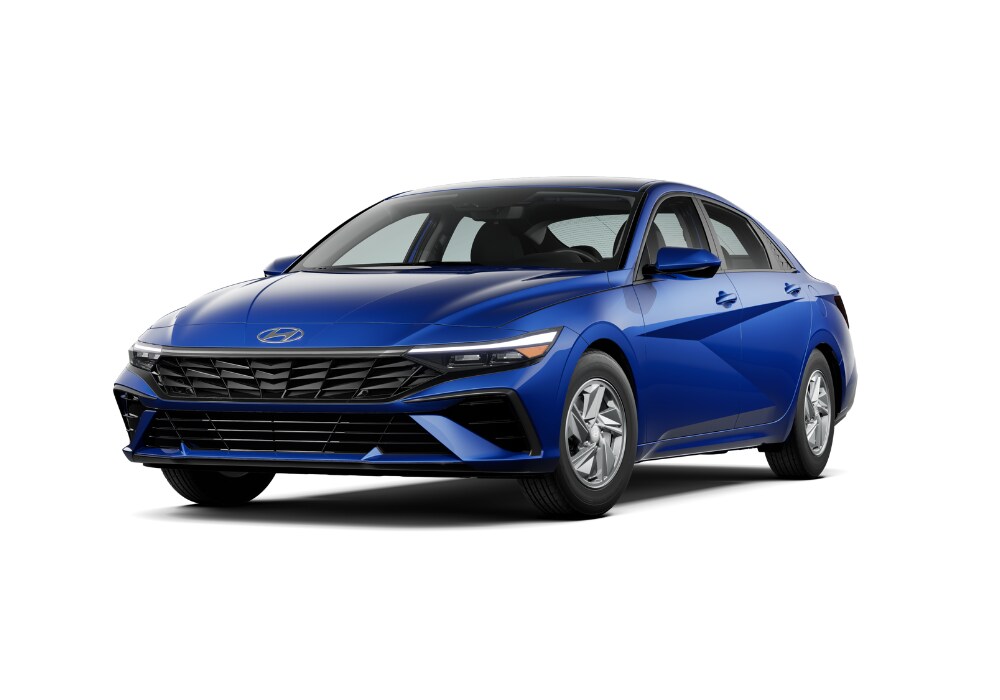 Blue 2025 Hyundai Elantra in front of a white background