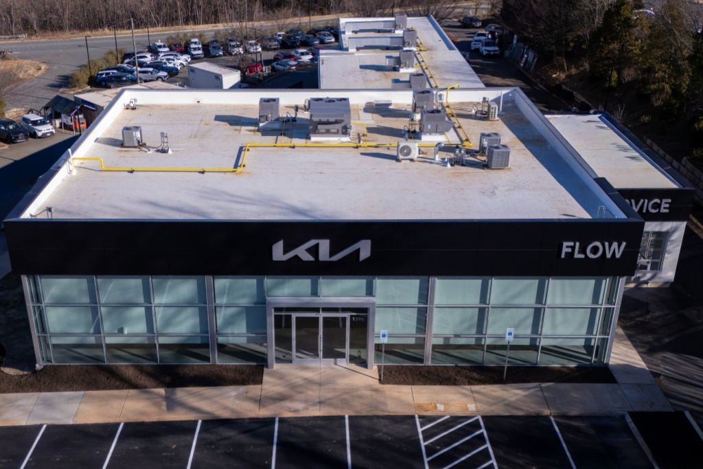Aerial view of Flow Kia dealership in Virginia, offering Kia financing, leasing and a variety of new and used Kia SUVs, cars and more