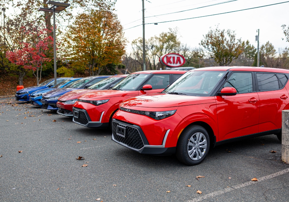 Lineup of red Kia cars for sale parked outside a Kia dealership located in Charlottesville, VA