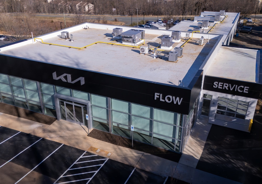 photo shows an aerial view of the Flow Kia of Charlottesville dealership