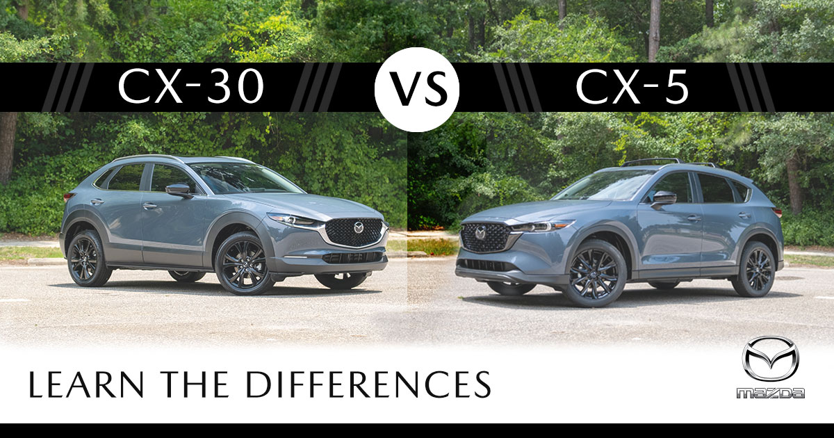 Image that shows a Mazda CX-30 on the left and a Mazda Cx-5 on the left. At the top of the image, there is text that reads CX-30 vs CX-5. At the bottom of the image, there is text that reads Learn the Differences next to a silver Mazda logo