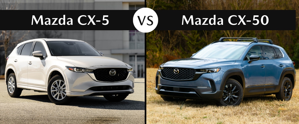 White Mazda Cx-5 next to a blue Mazda CX-50