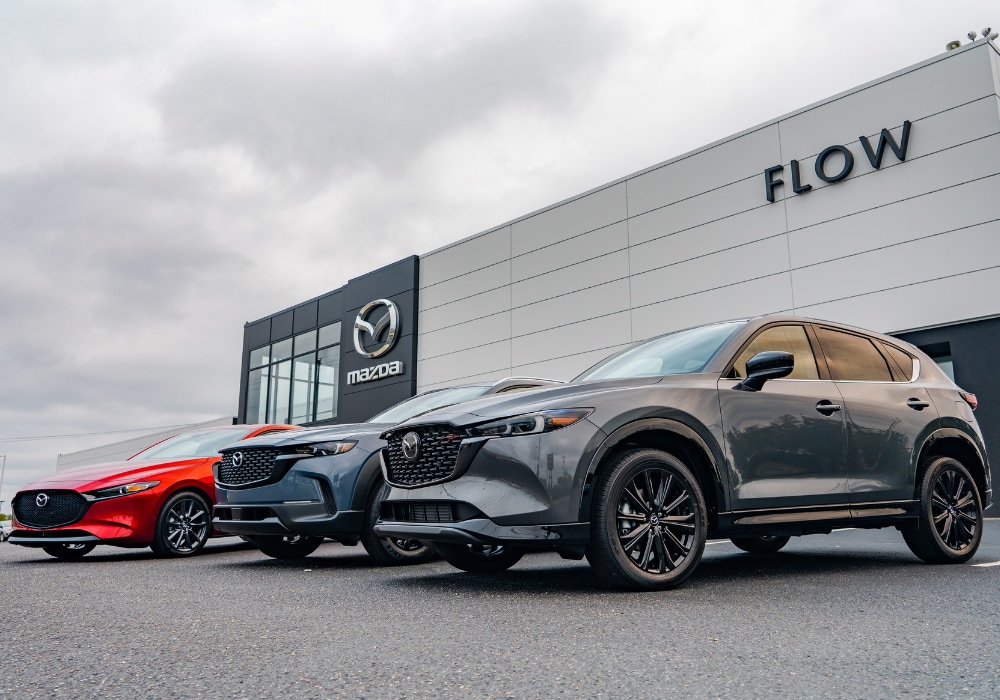 mazda-demo-vehicles-fayetteville-nc.png Lineup of Mazda SUVs parked outside of the Flow Mazda of Fayetteville dealership