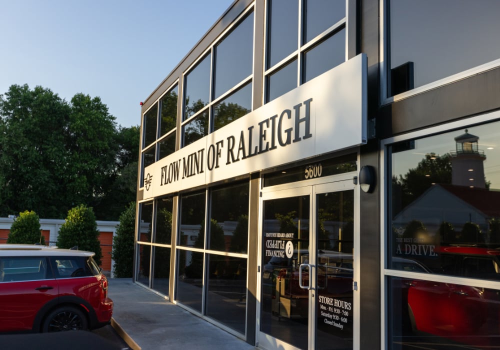 Exterior storefront of the Flow MINI Raleigh car dealership
