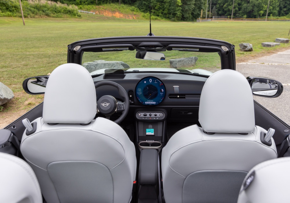 Mini Cooper convertible interior with the top down