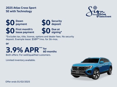 a lease offer on the 2025 Volkswagen Atlas Cross Sport with 0 down payment, security deposit, or first month's lease payment, and 3.9% APR