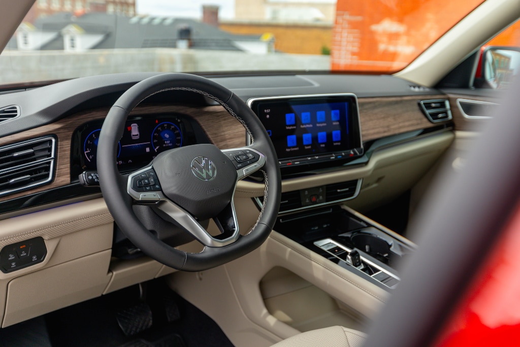 The interior of a car from the driver's perspective