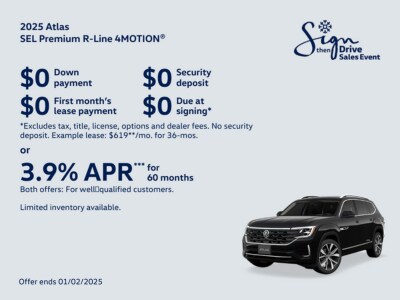 a lease offer on the 2025 Volkswagen Atlas with 0 down payment, security deposit, or first month's lease payment, and 3.9% APR