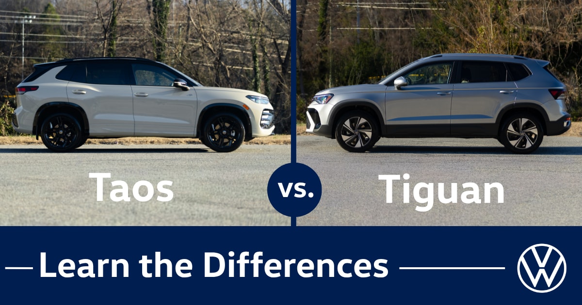 VW Taos facing a VW Tiguan. Both cars are parked outside with trees in the background. Below them are the words learn the differences with the VW logo