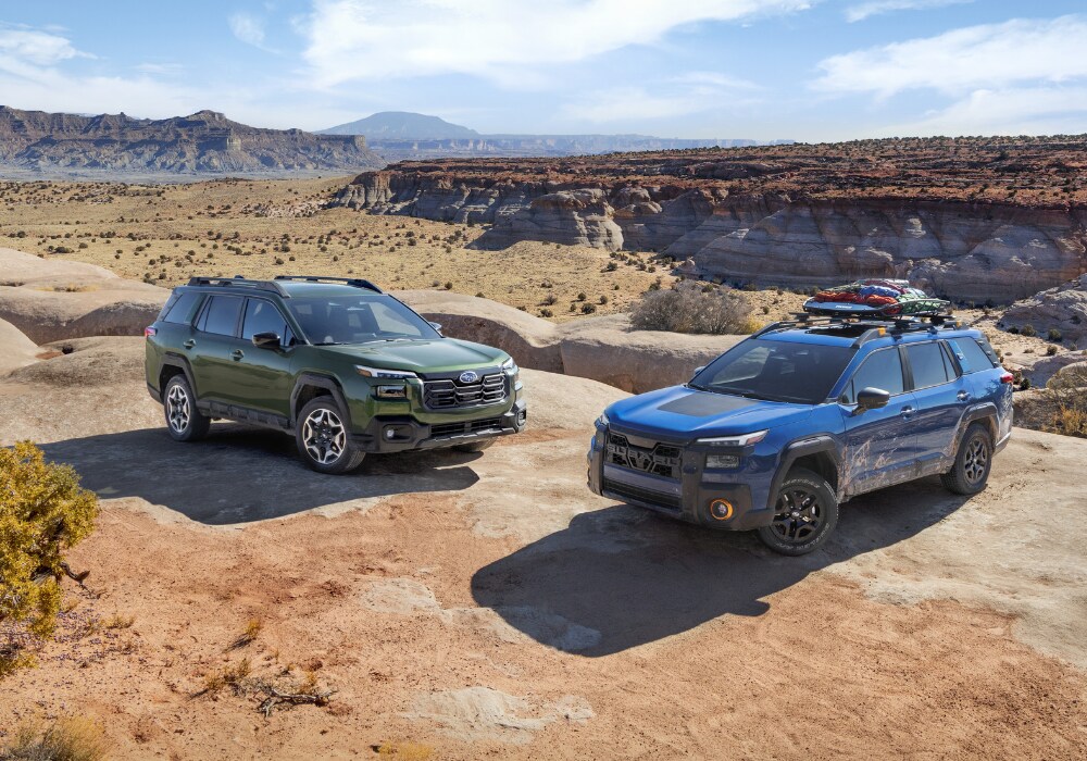 A green Subaru Outback Wilderness parked next to a blue 2026 Subaru Outback Wilderness with camping supplies on the roof rack. 