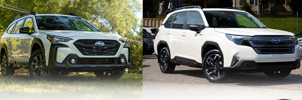 White Subaru Forester shown next to a white Subaru Outback