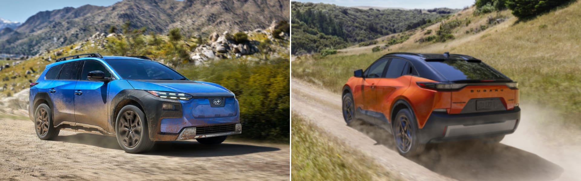 Blue Subaru Traileseeker pictured next to an orange Subaru Uncharted