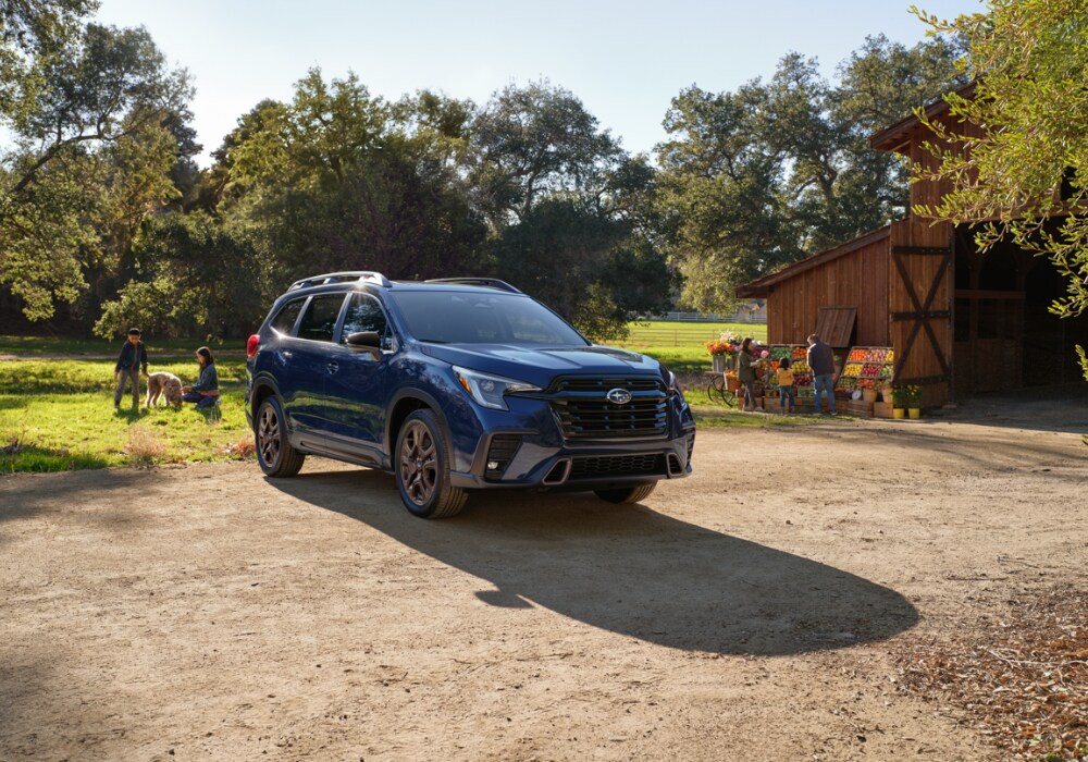 2026 Subaru Ascent parked with people and a dog in the background