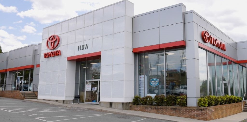 Outside of local Toyota dealership in Charlottesville, Virginia called Flow Toyota of Charlottesville