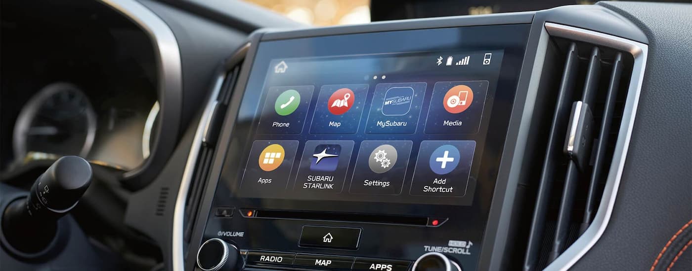 A close up shows apps on the infotainment screen in a 2022 Subaru Crosstrek.