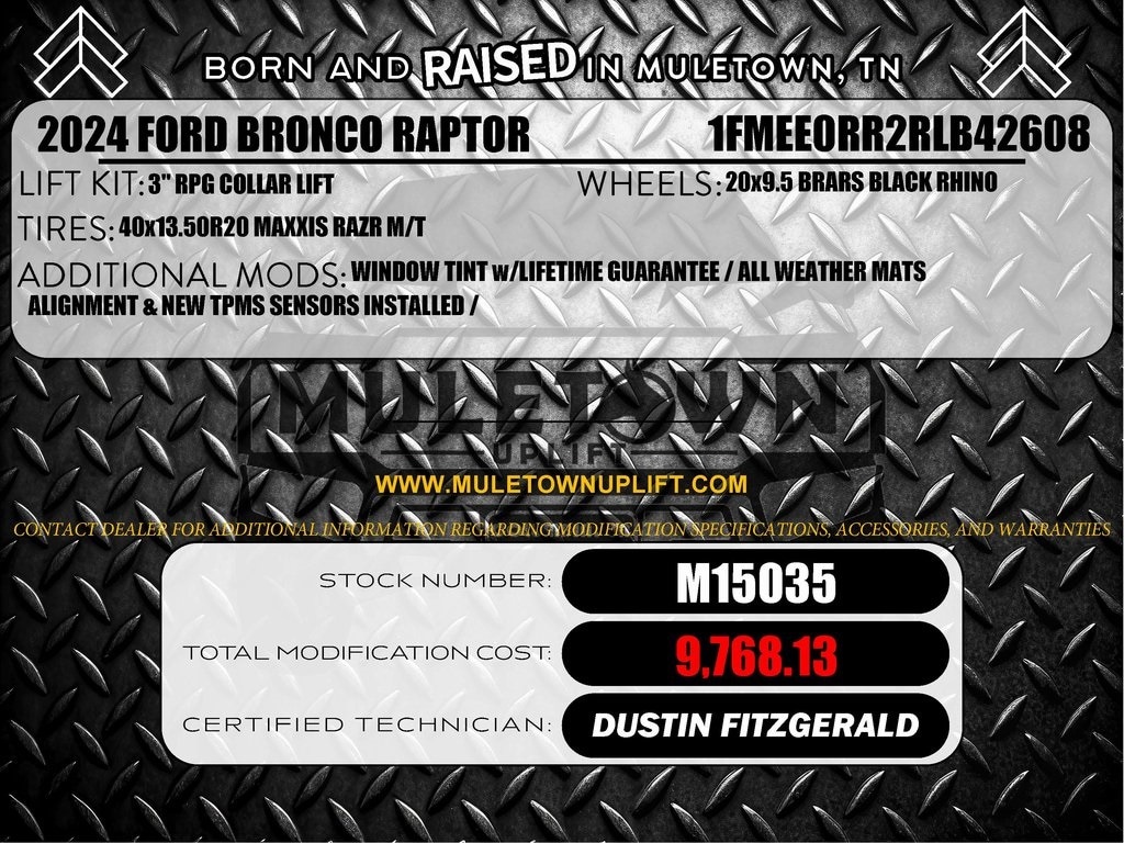 Used 2024 Ford Bronco 4-Door Raptor with VIN 1FMEE0RR2RLB42608 for sale in Columbia, TN