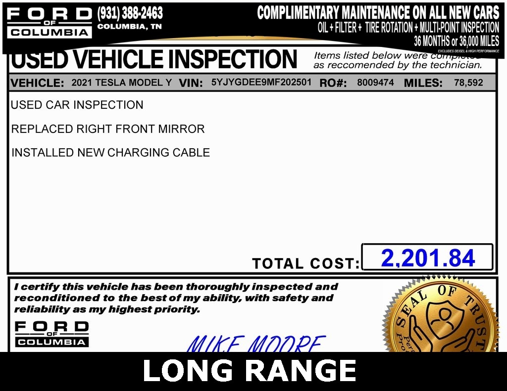 Used 2021 Tesla Model Y Long Range with VIN 5YJYGDEE9MF202501 for sale in Columbia, TN